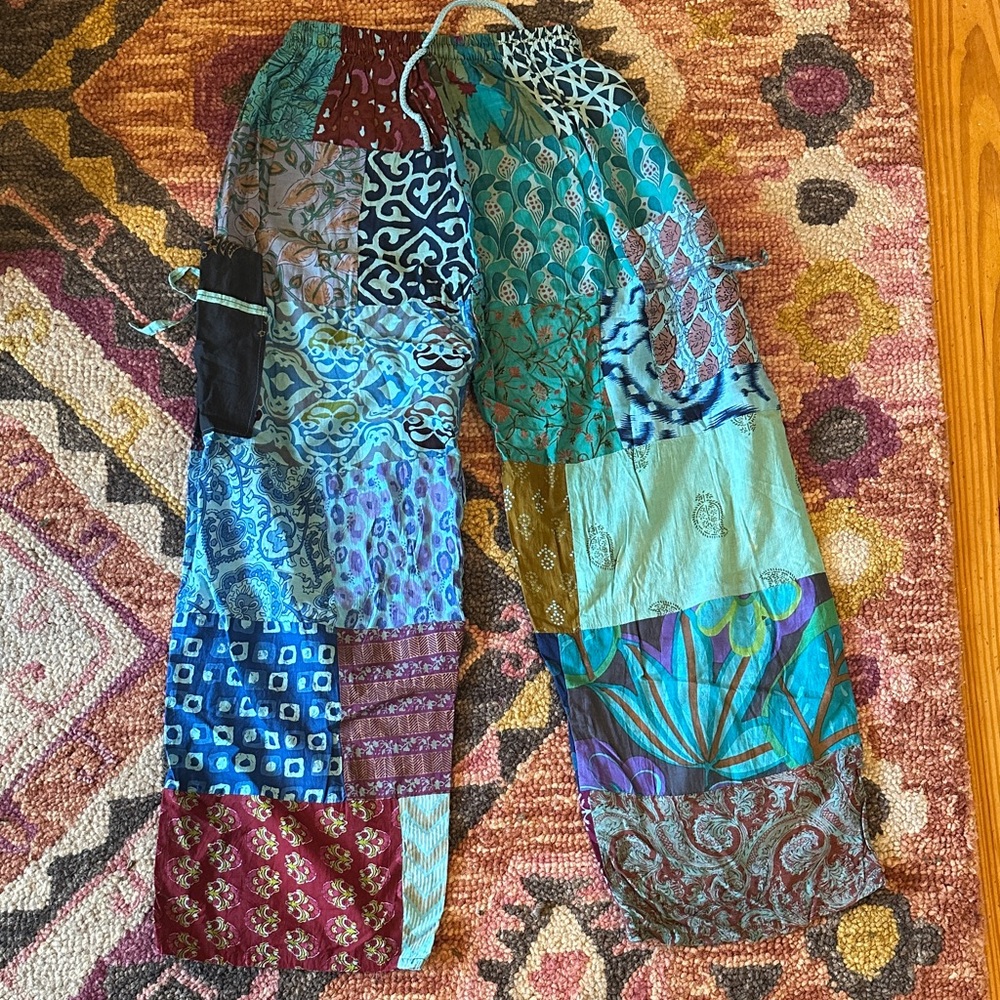 Ashley Taylor Olive & Aqua Patchwork Wide-Leg Pants